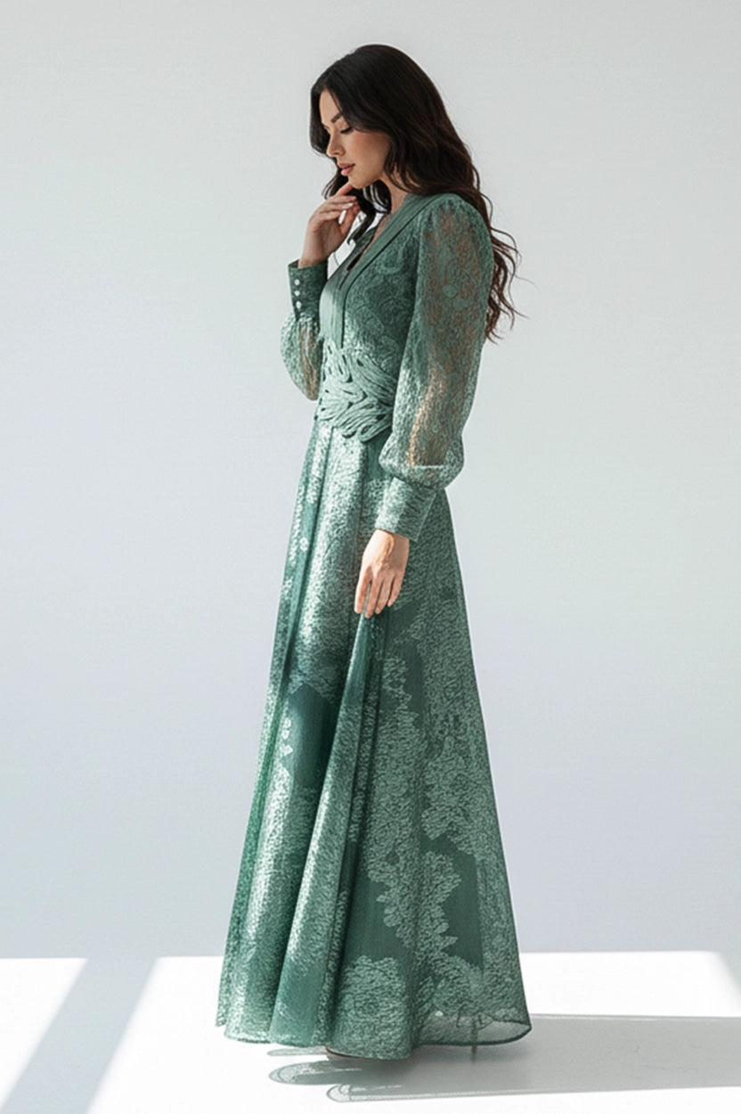 V-Neck Dantel & Brokar Dress