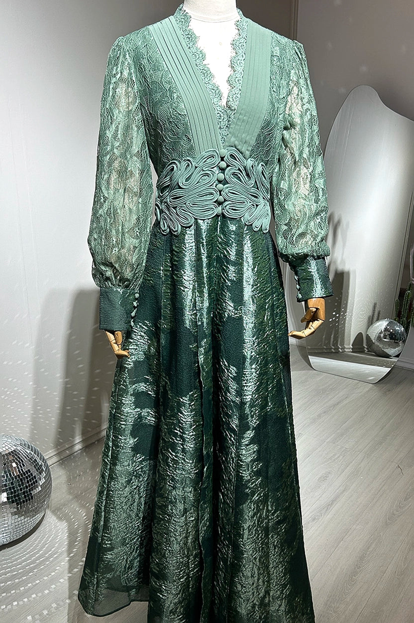 V-Neck Dantel & Brokar Dress