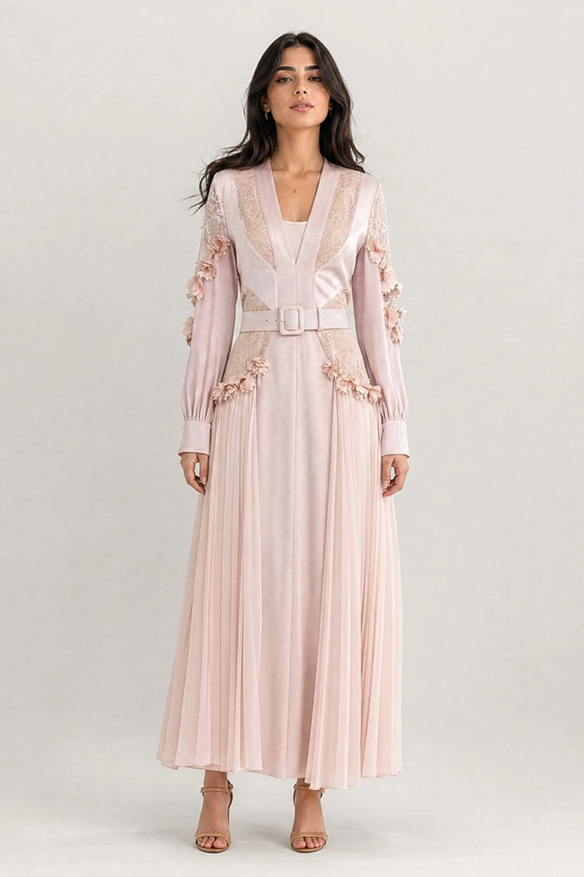 V-Neck Flower Detail Plisse Chiffon Dress