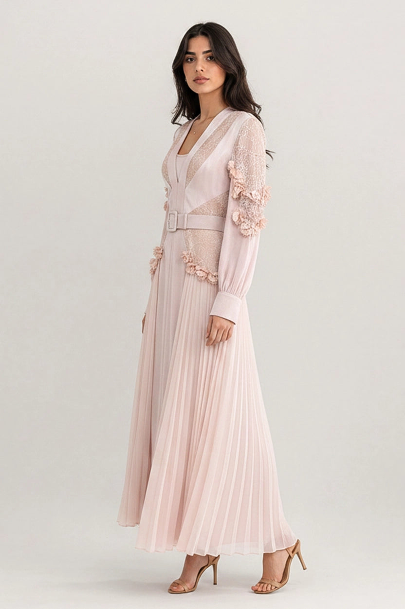 V-Neck Flower Detail Plisse Chiffon Dress