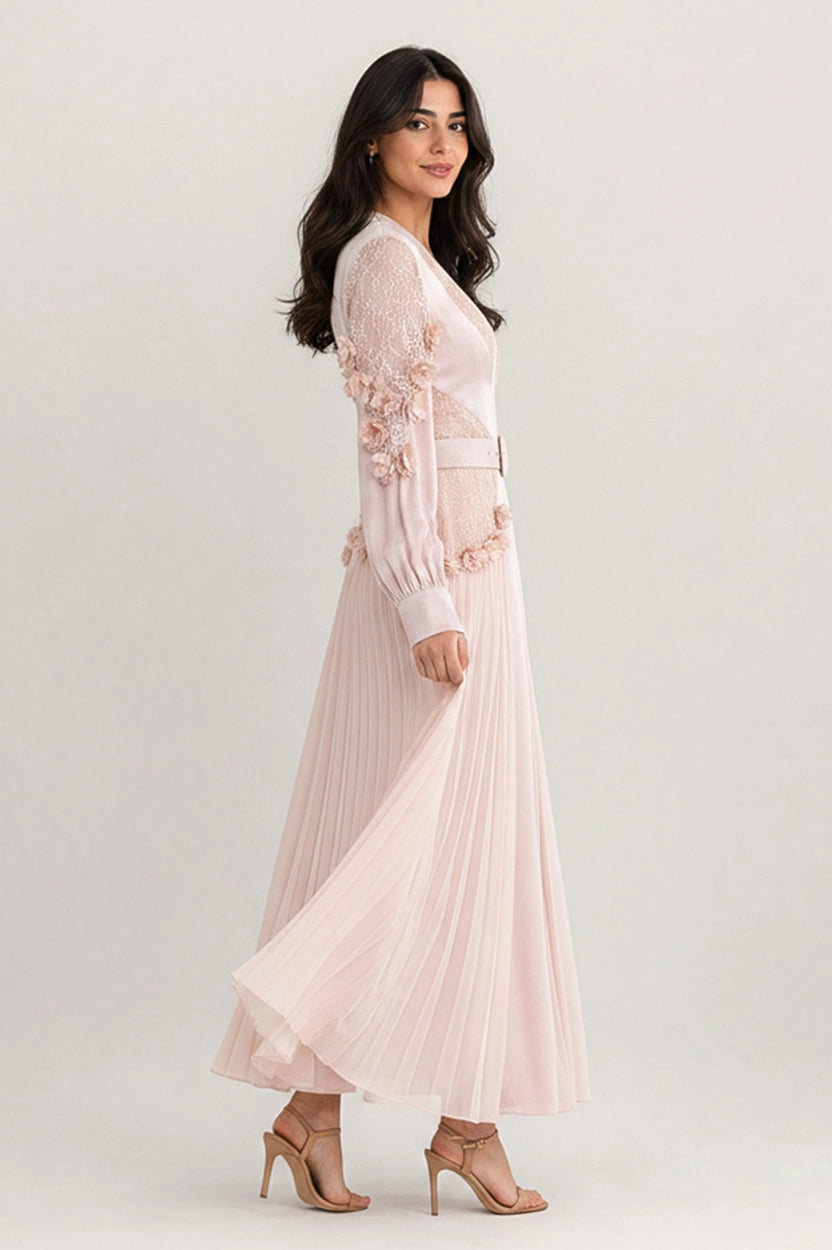 V-Neck Flower Detail Plisse Chiffon Dress