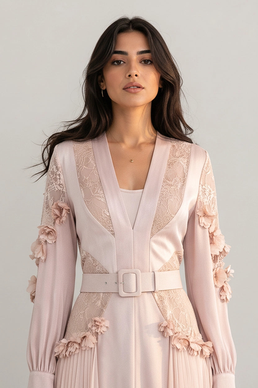 V-Neck Flower Detail Plisse Chiffon Dress