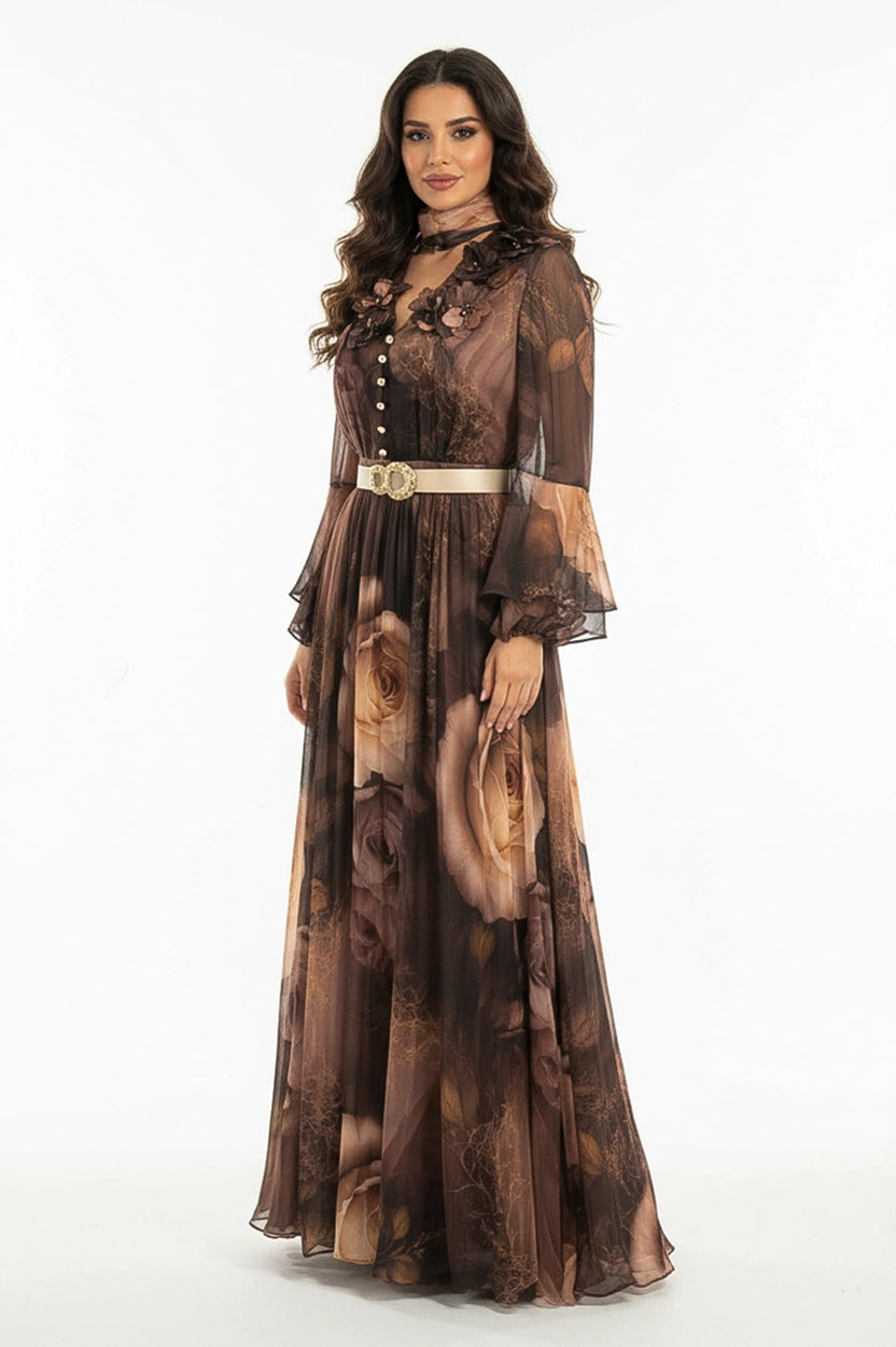 V-Neck Flower Details Chiffon Dress