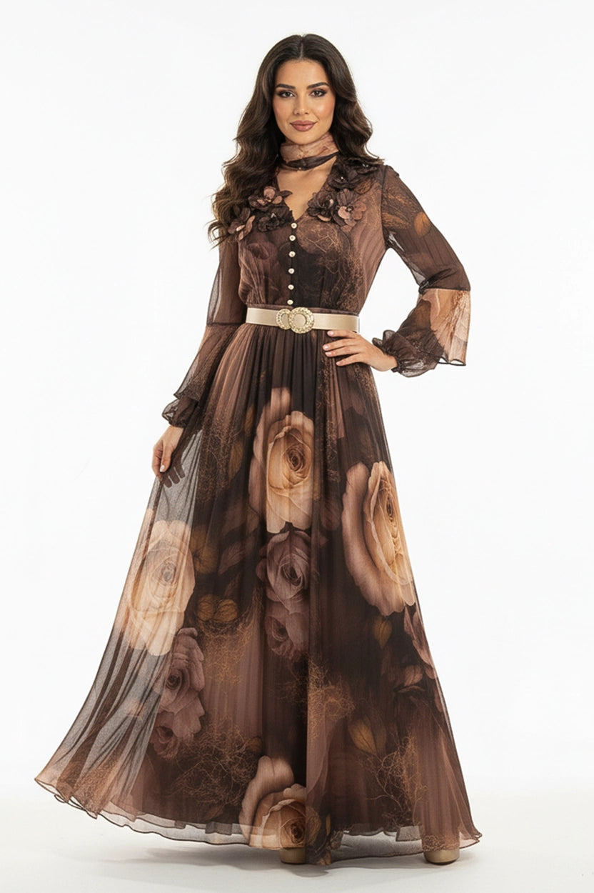 V-Neck Flower Details Chiffon Dress