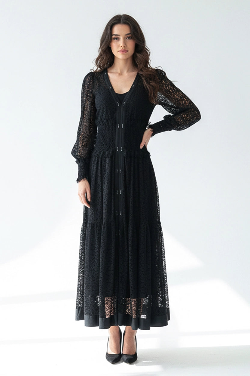 V-Neck Gathered Waistline Dantel Dress