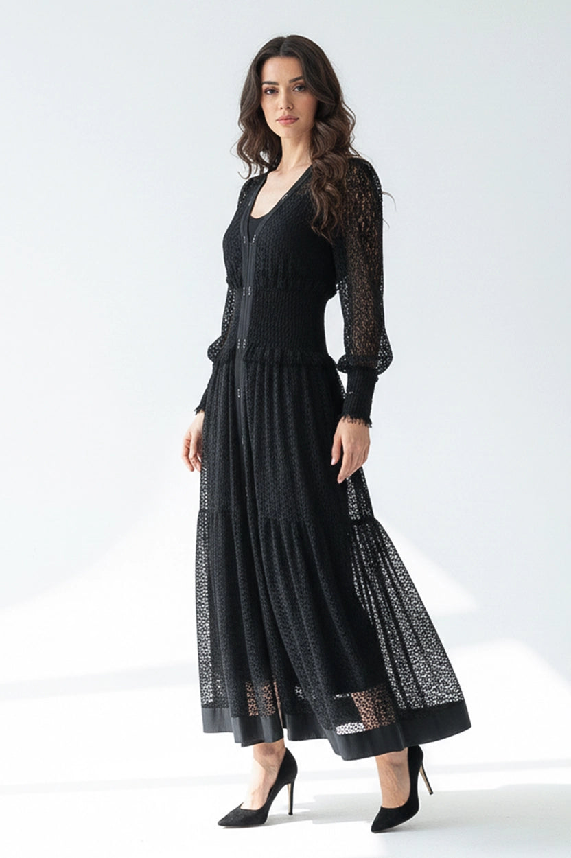 V-Neck Gathered Waistline Dantel Dress