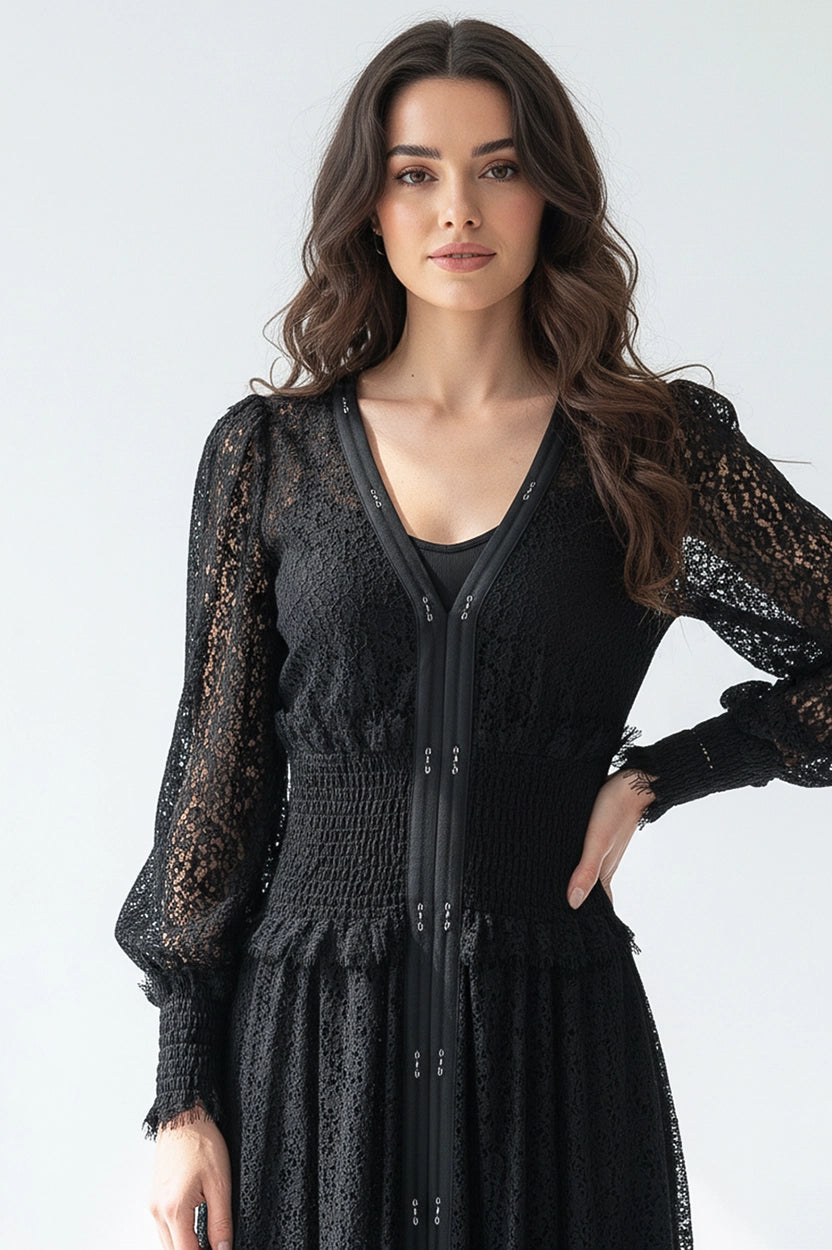 V-Neck Gathered Waistline Dantel Dress