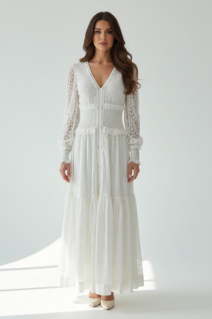 V-Neck Gathered Waistline Dantel Dress