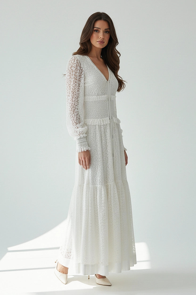 V-Neck Gathered Waistline Dantel Dress