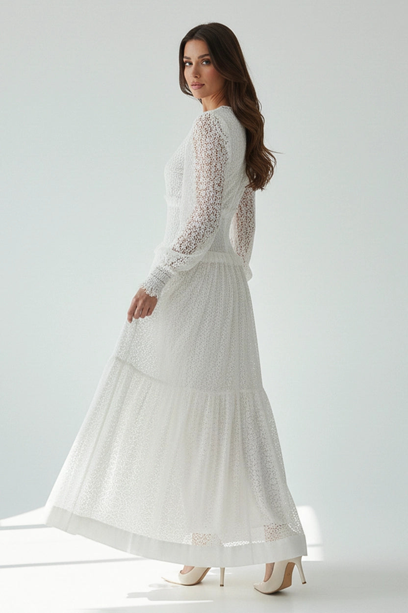 V-Neck Gathered Waistline Dantel Dress