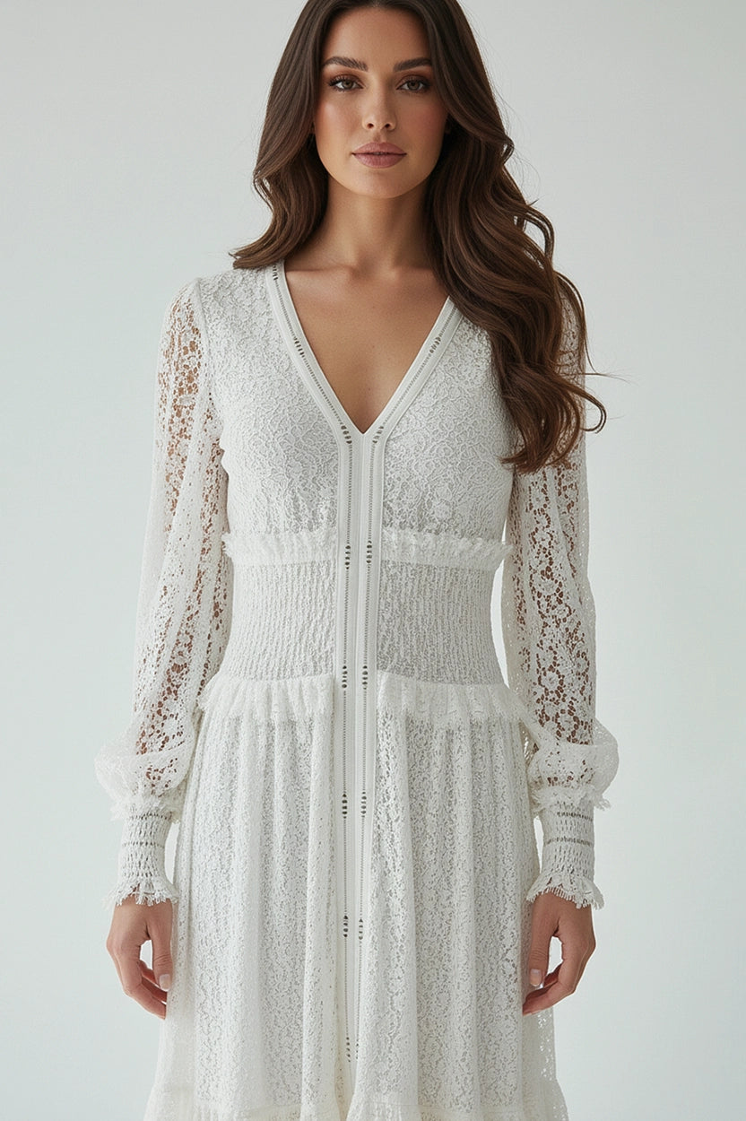 V-Neck Gathered Waistline Dantel Dress