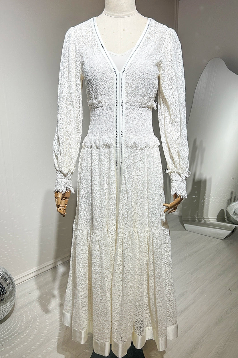 V-Neck Gathered Waistline Dantel Dress