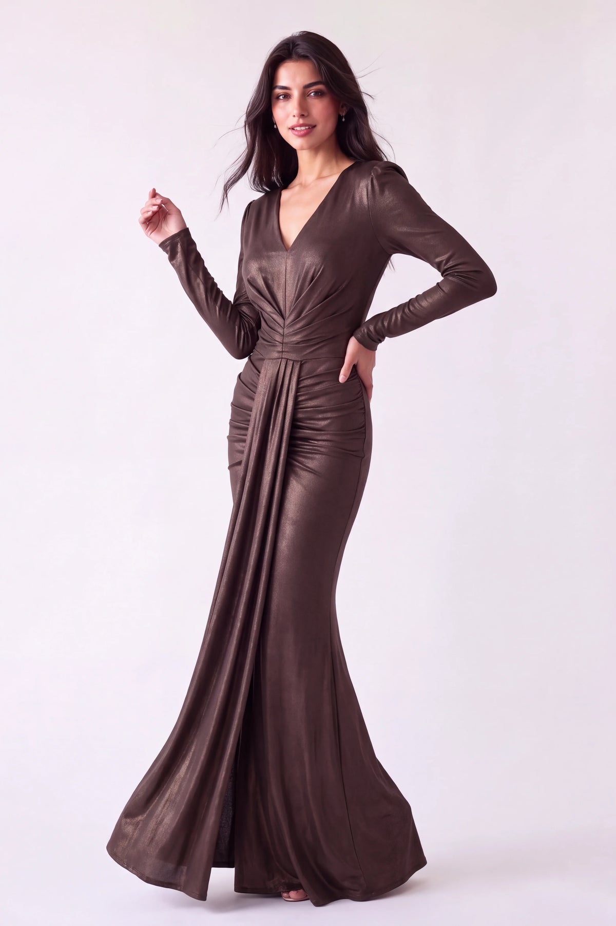 V-Neck Pleated Waist Jersey Dress