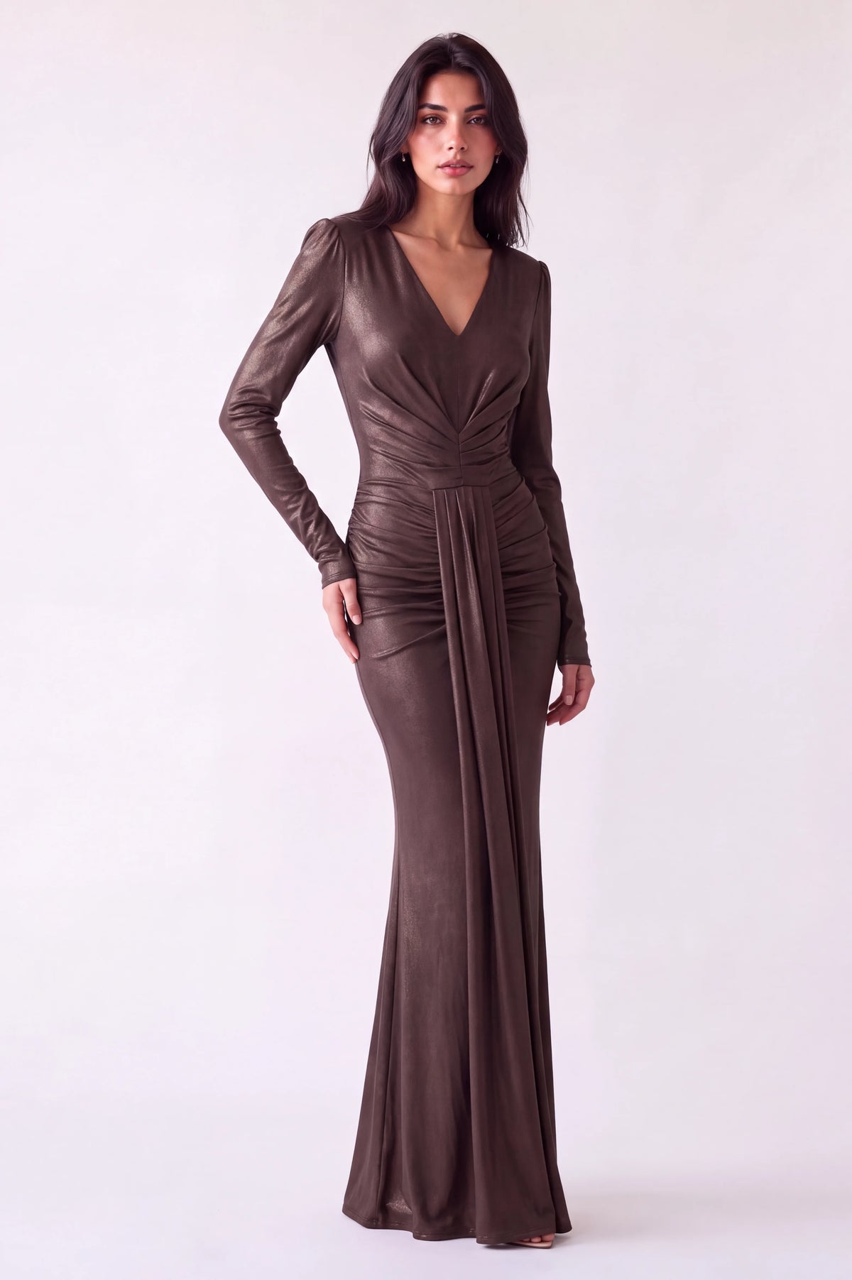 V-Neck Pleated Waist Jersey Dress