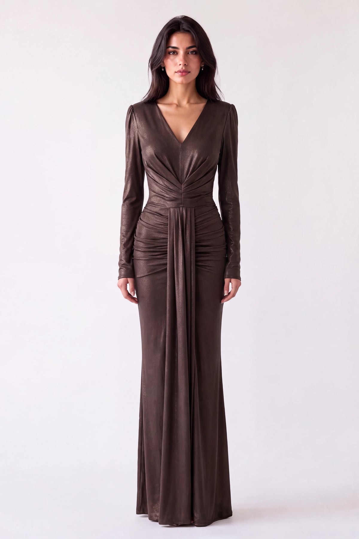 V-Neck Pleated Waist Jersey Dress