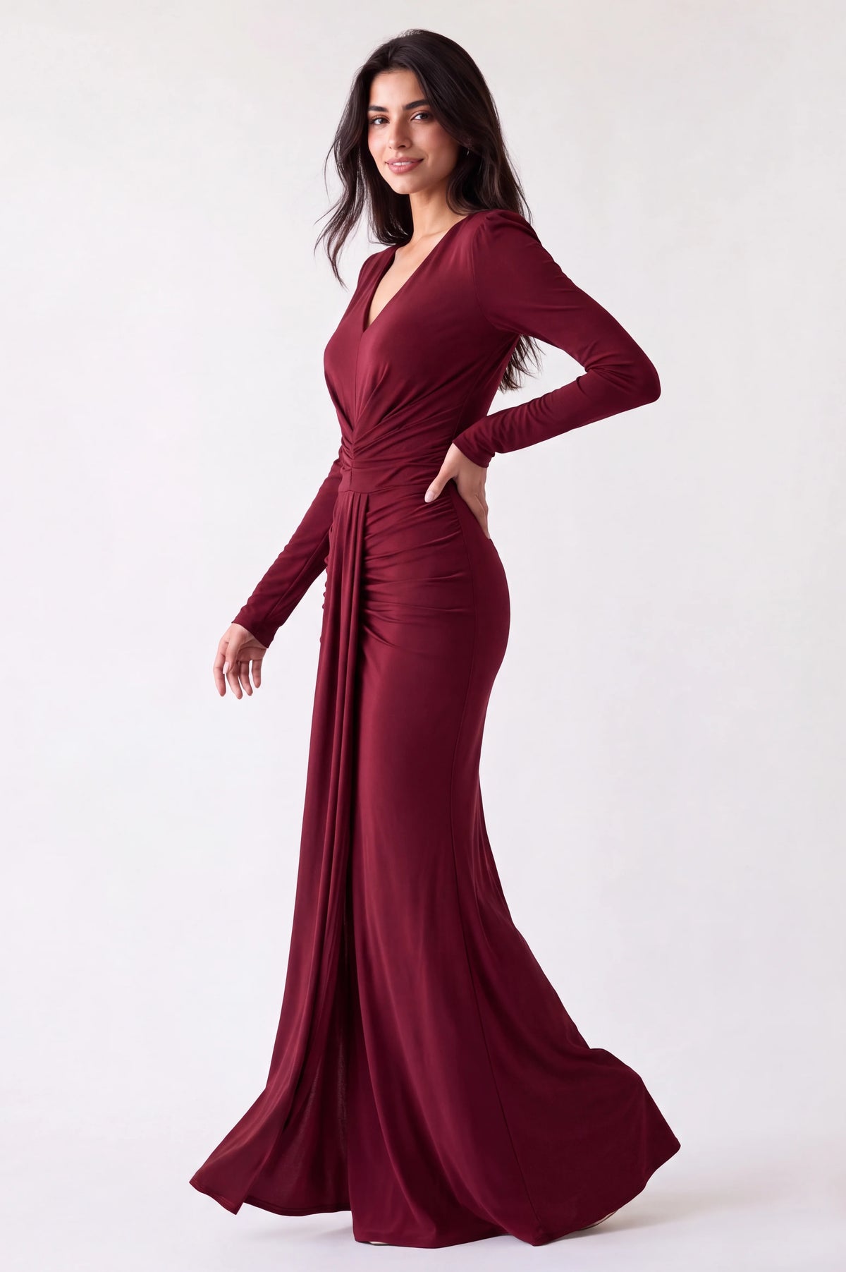 V-Neck Pleated Waist Jersey Dress