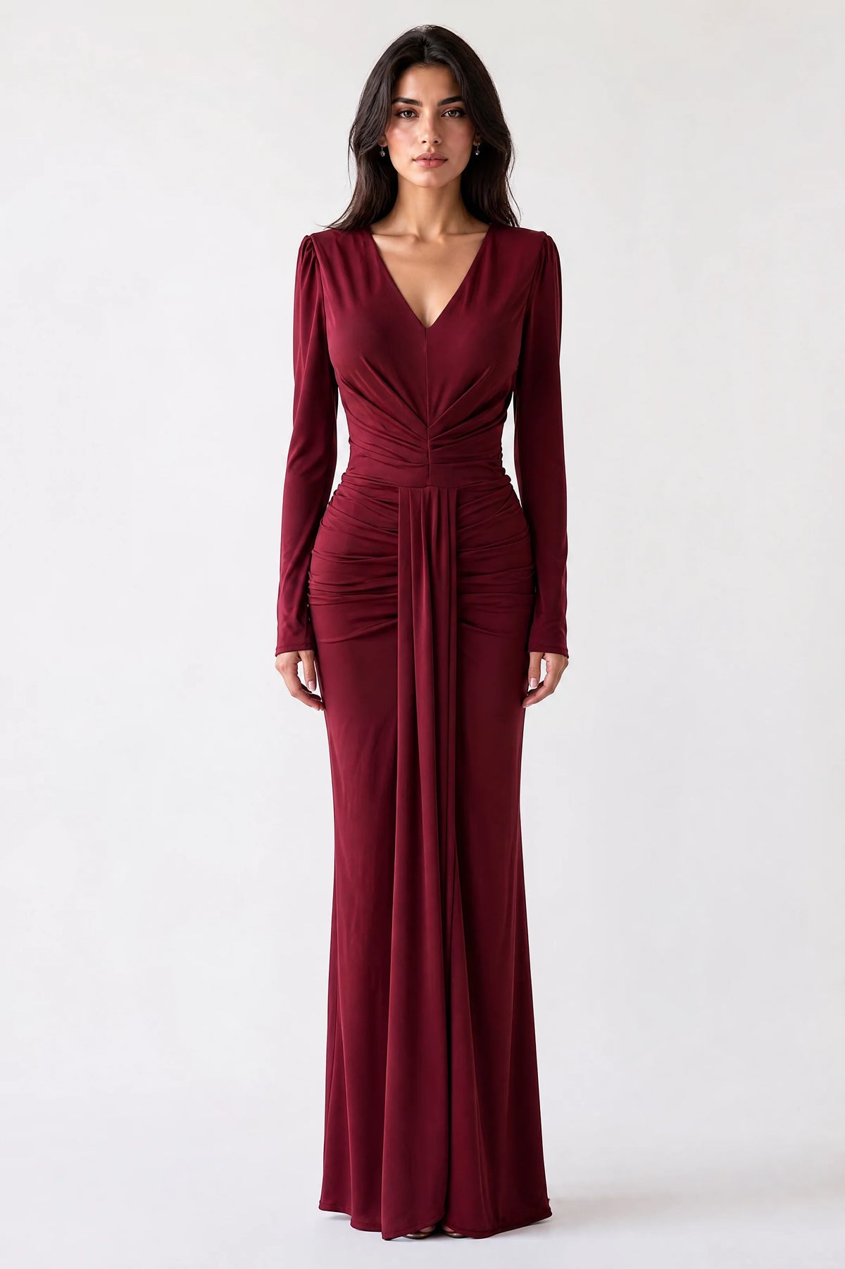V-Neck Pleated Waist Jersey Dress