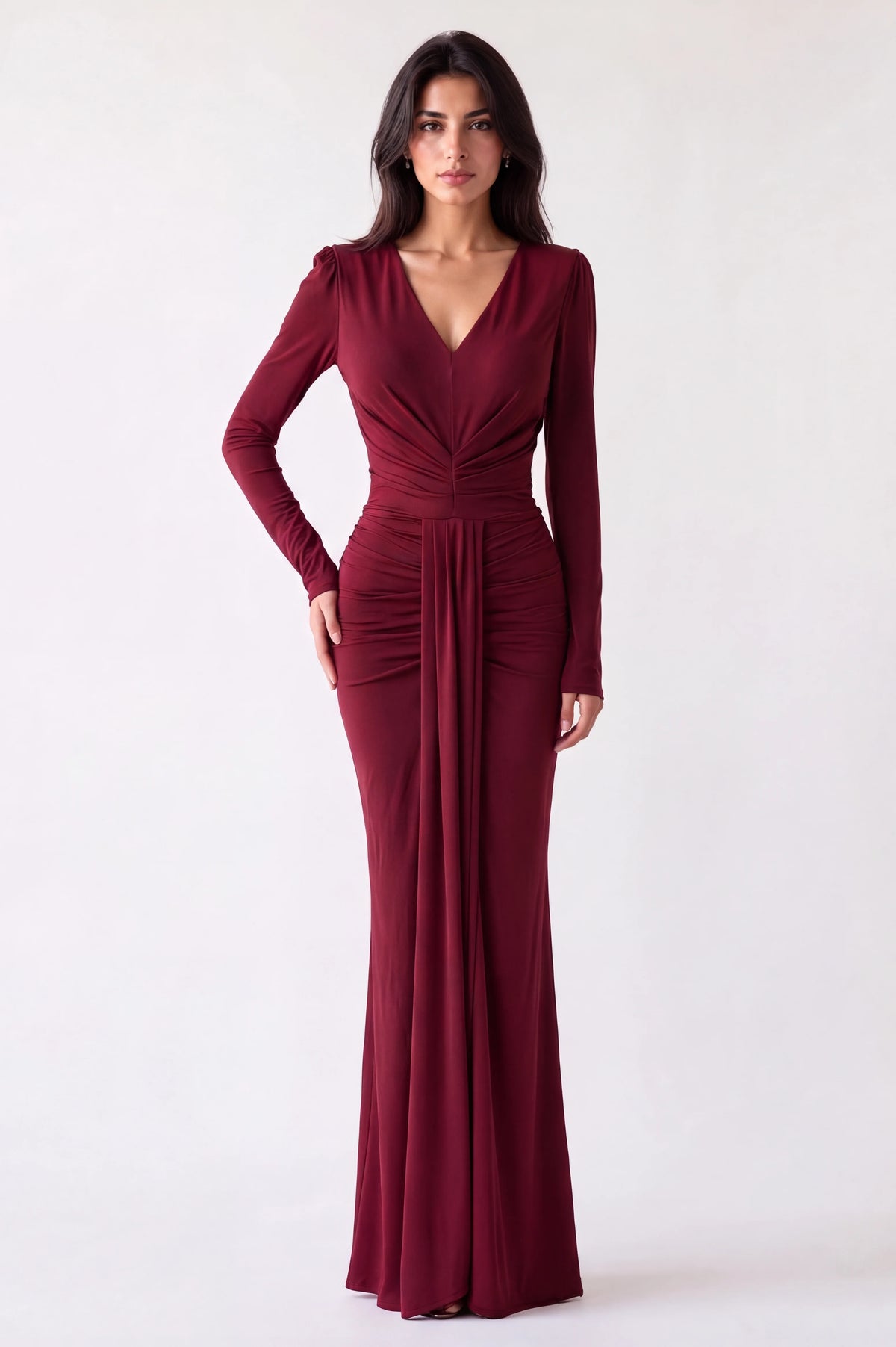V-Neck Pleated Waist Jersey Dress