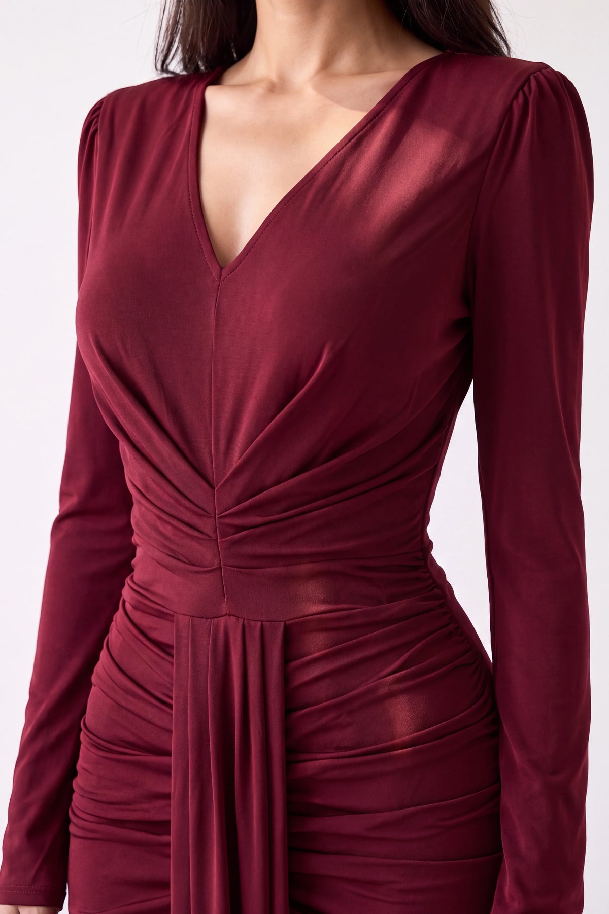 V-Neck Pleated Waist Jersey Dress