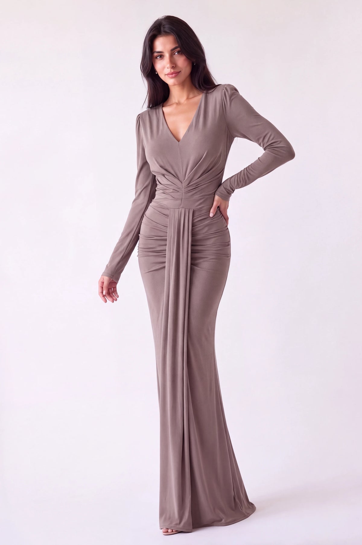 V-Neck Pleated Waist Jersey Dress
