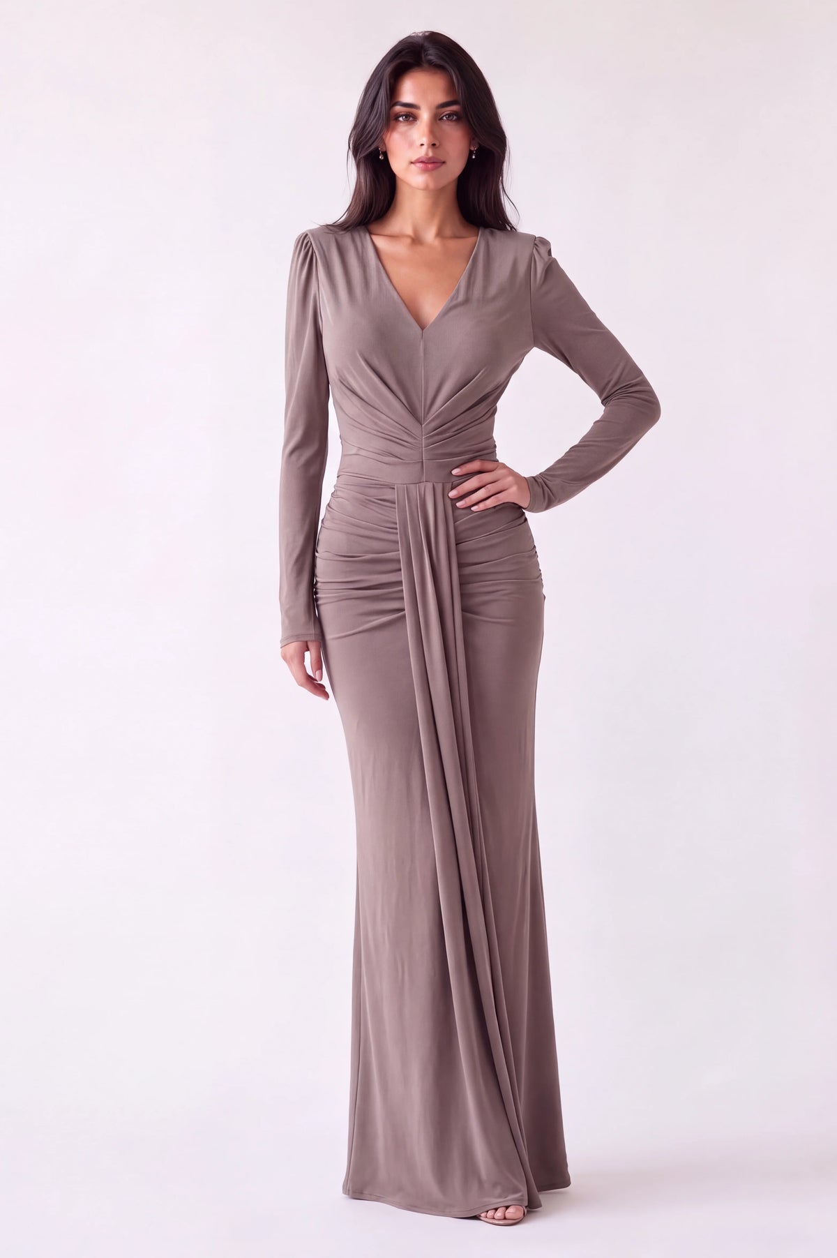 V-Neck Pleated Waist Jersey Dress