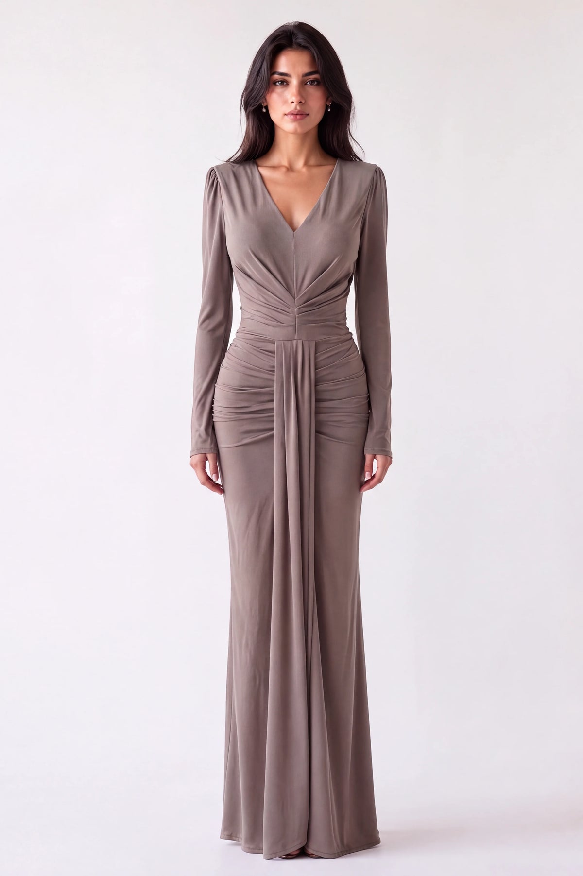 V-Neck Pleated Waist Jersey Dress