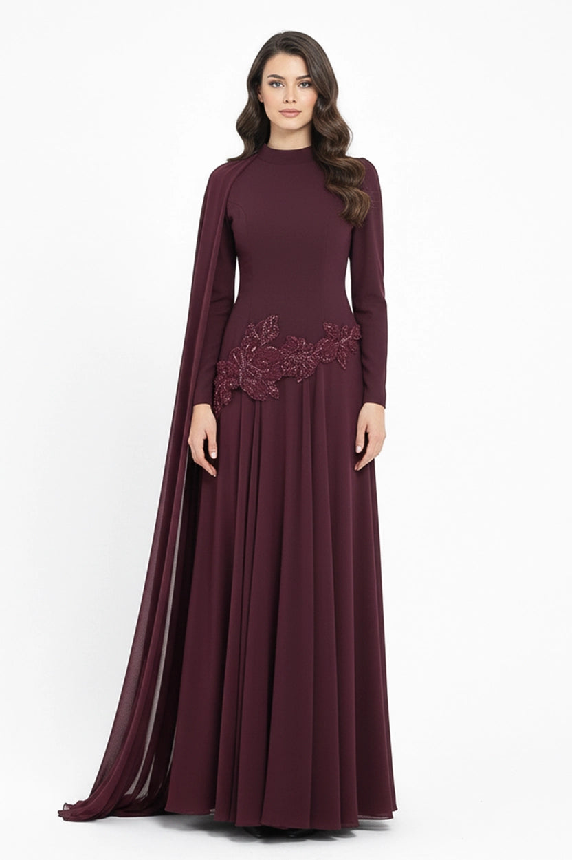 Waistline Rose Beaded Crepe Chiffon Dress