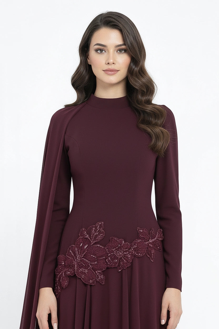 Waistline Rose Beaded Crepe Chiffon Dress