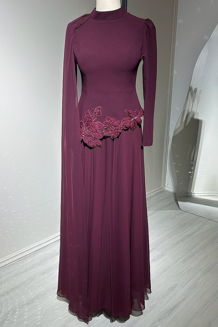 Waistline Rose Beaded Crepe Chiffon Dress
