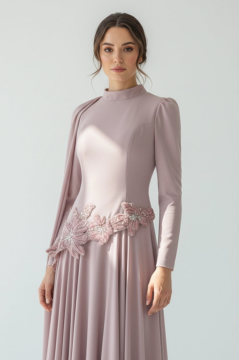 Waistline Rose Beaded Crepe Chiffon Dress