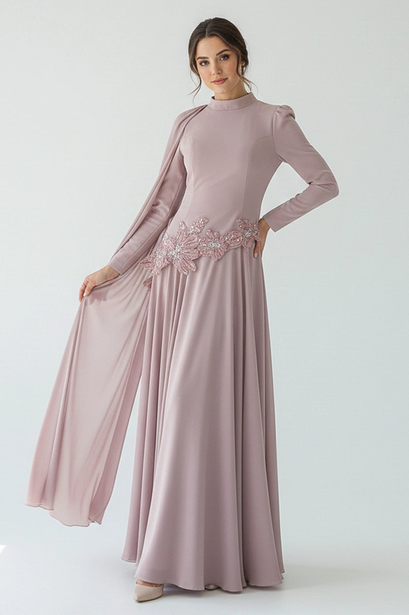 Waistline Rose Beaded Crepe Chiffon Dress