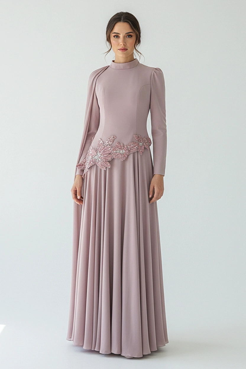 Waistline Rose Beaded Crepe Chiffon Dress