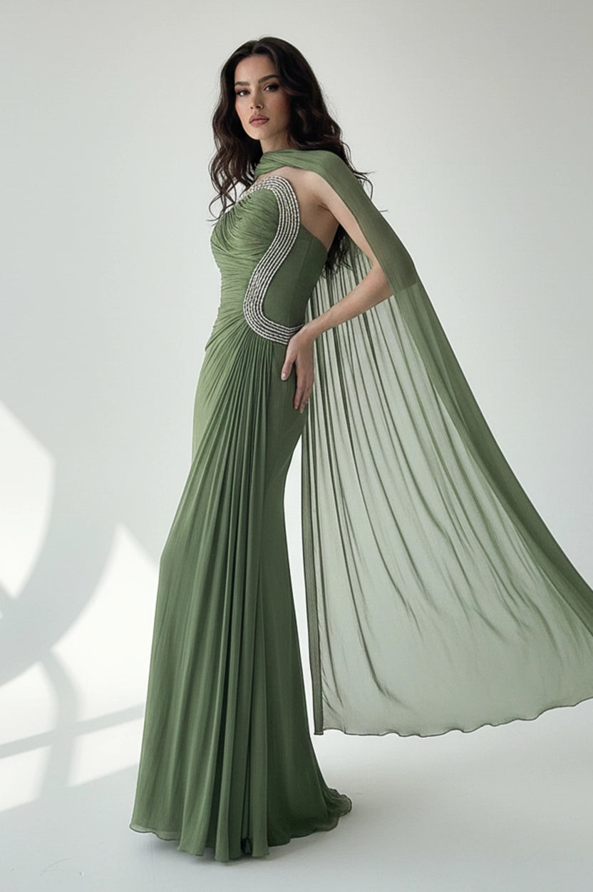 Wavy Beaded Neckline Strapless Organza Dress