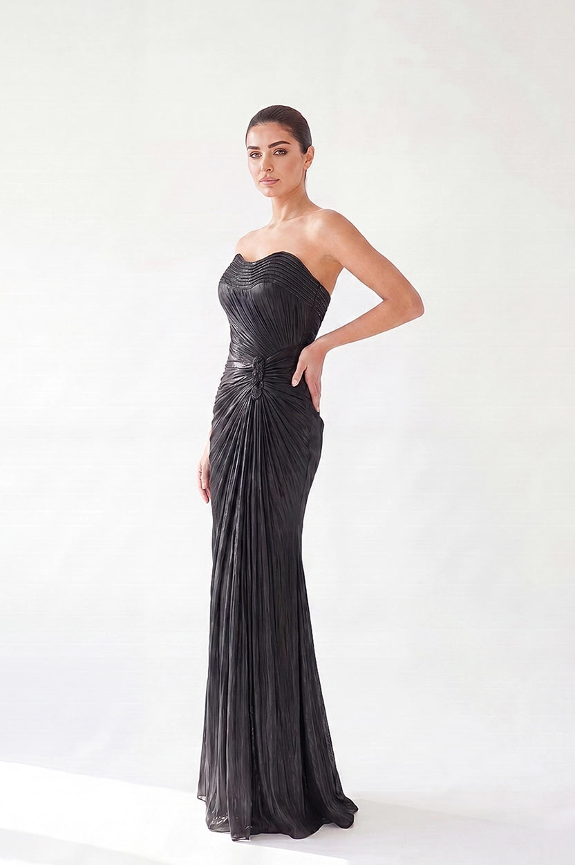 Wavy Bust Strapless Pleated Organza Dress