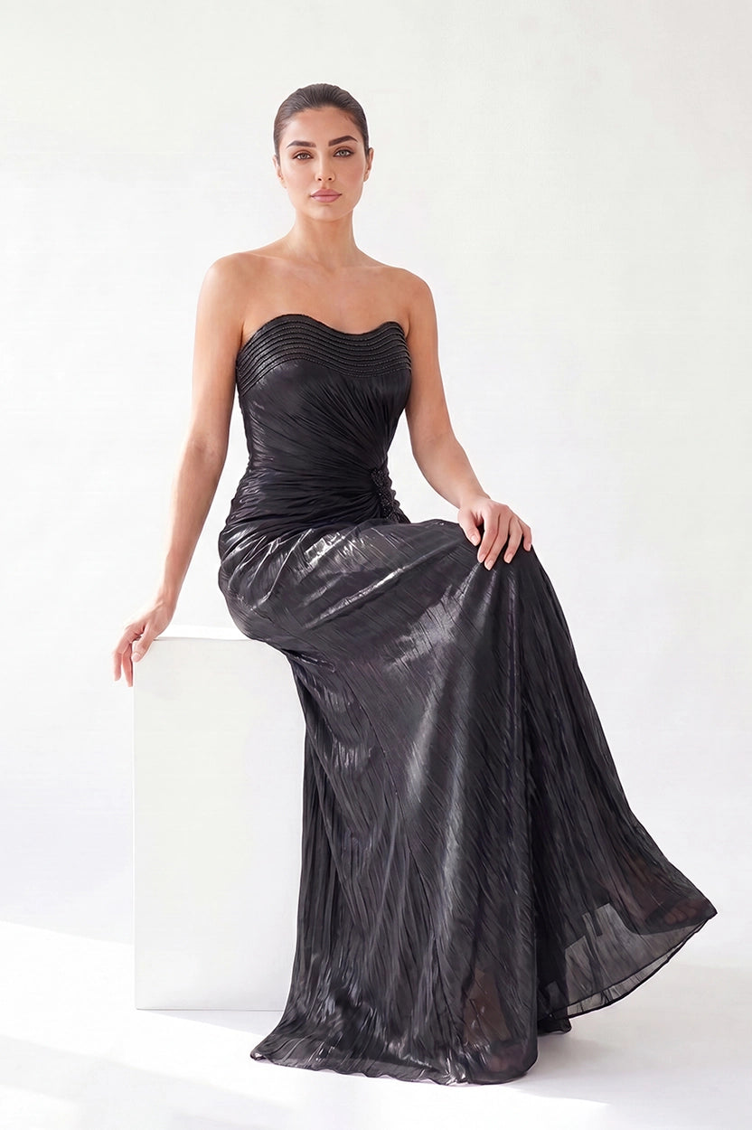 Wavy Bust Strapless Pleated Organza Dress