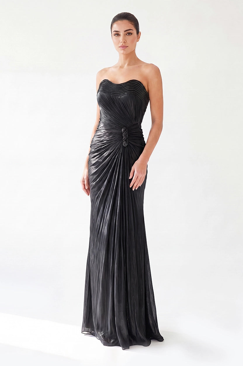 Wavy Bust Strapless Pleated Organza Dress