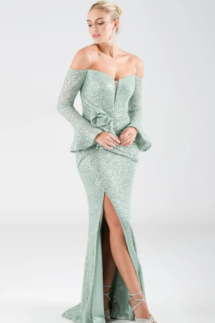 Off-Shoulder Sequin Net Dress