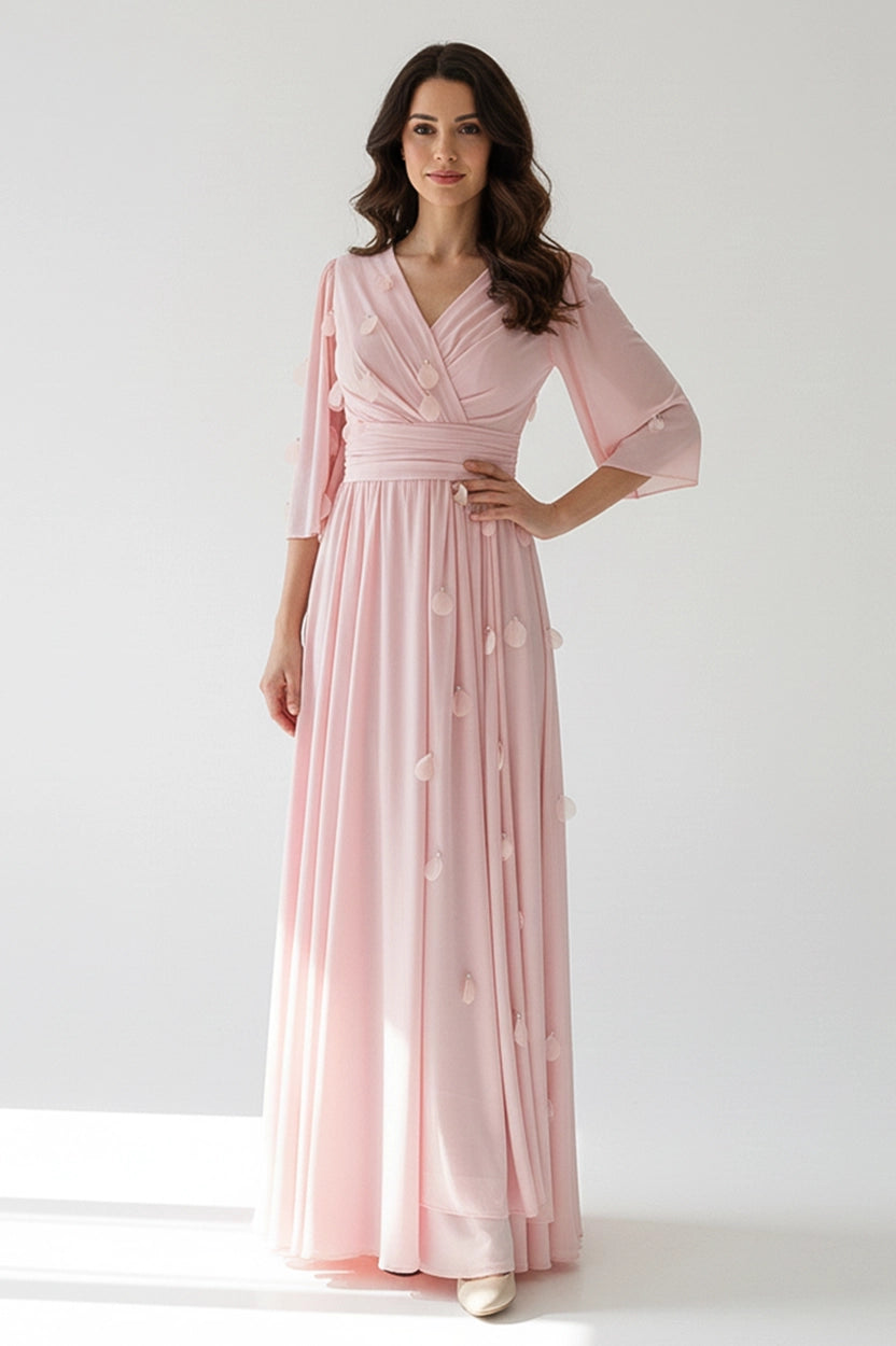 Wrap Neck Rose Datails Crepe Dress