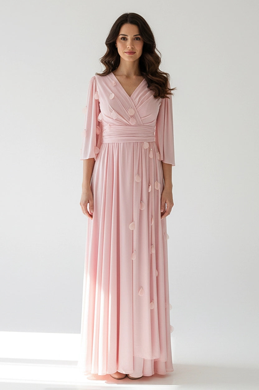 Wrap Neck Rose Datails Crepe Dress