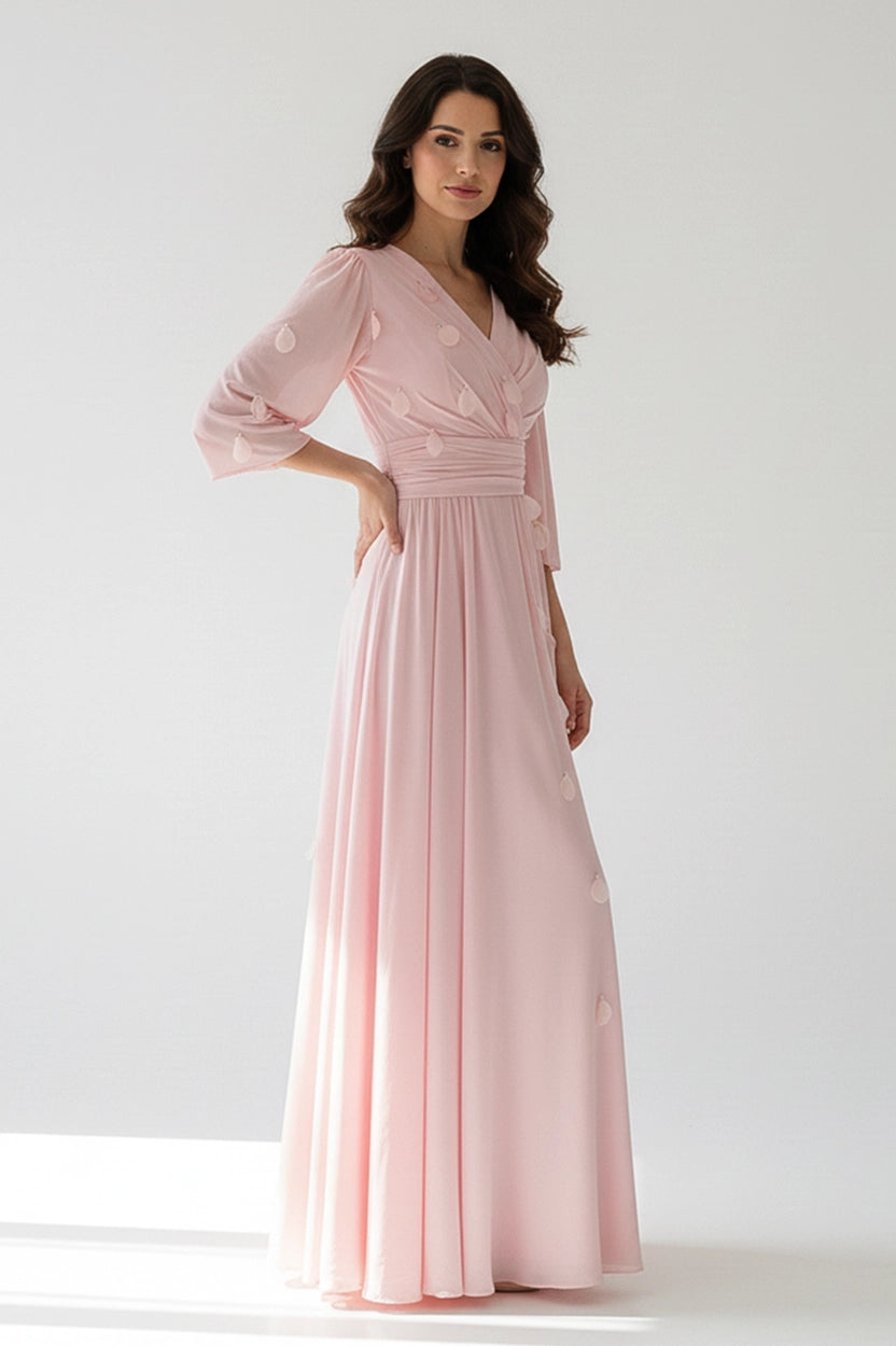 Wrap Neck Rose Datails Crepe Dress