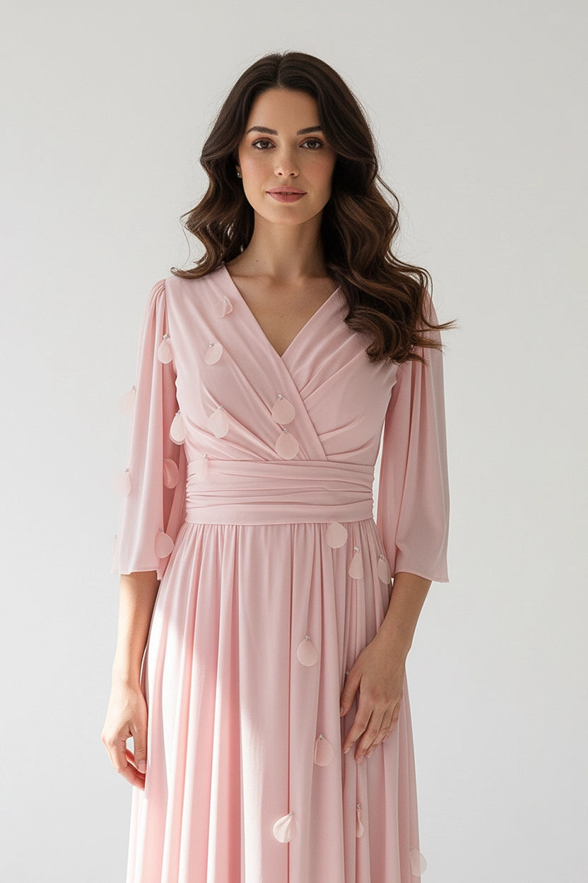 Wrap Neck Rose Datails Crepe Dress