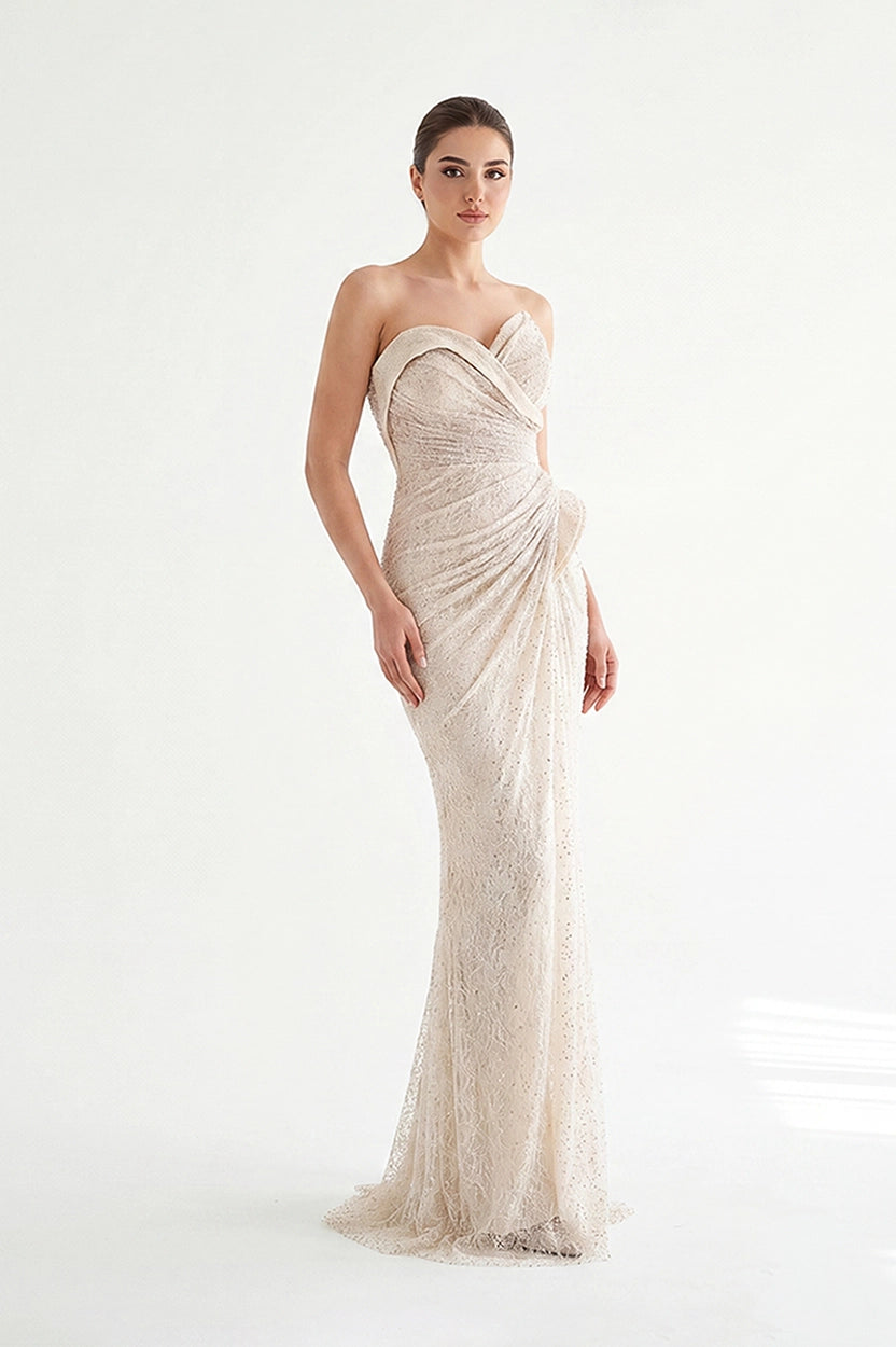 Draped Hipsline Stoned Dantel Dress