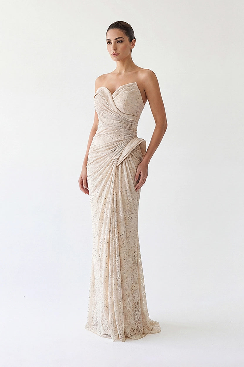 Draped Hipsline Stoned Dantel Dress