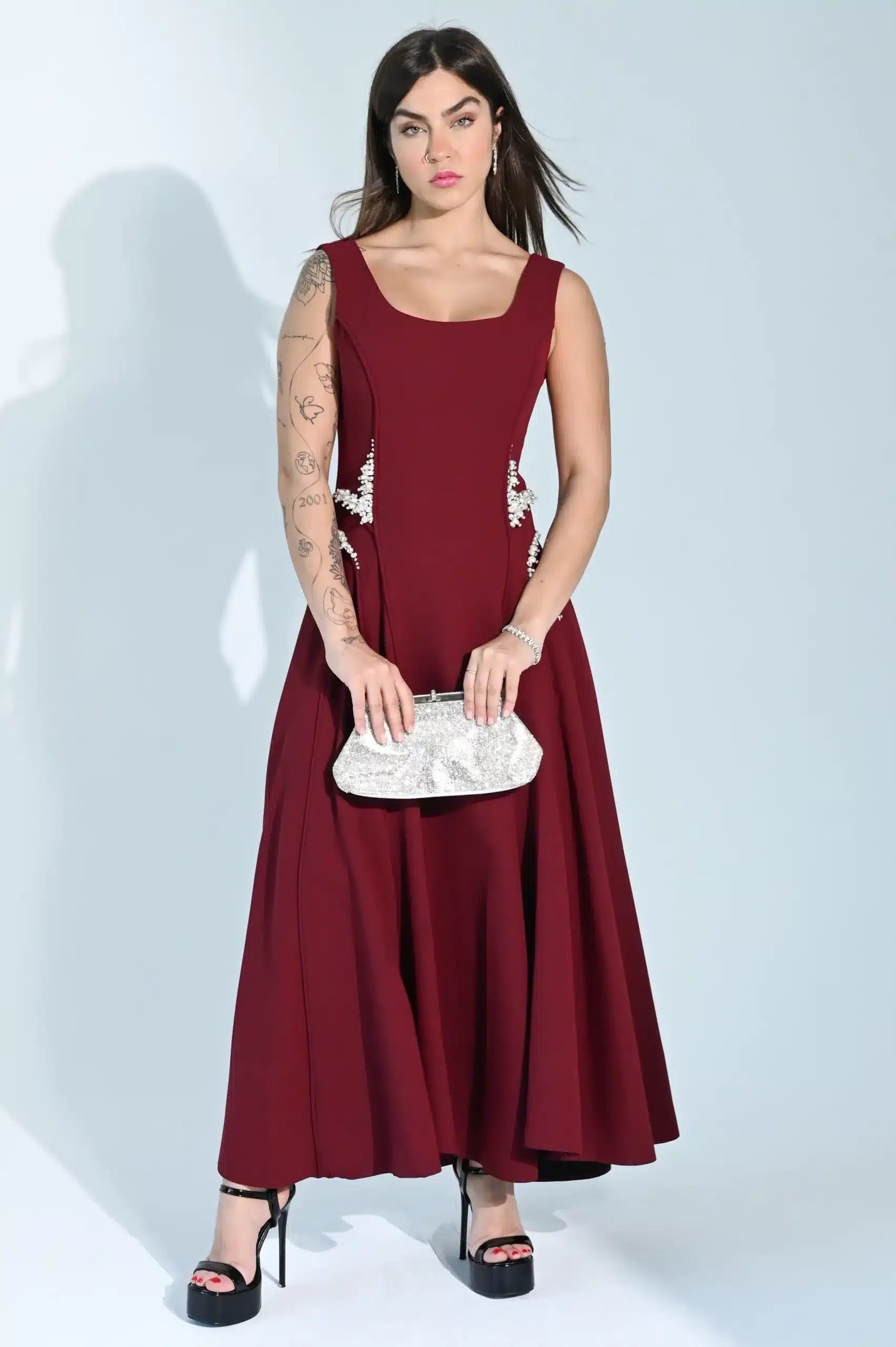 A-Line Embellished Waist Crepe Dress