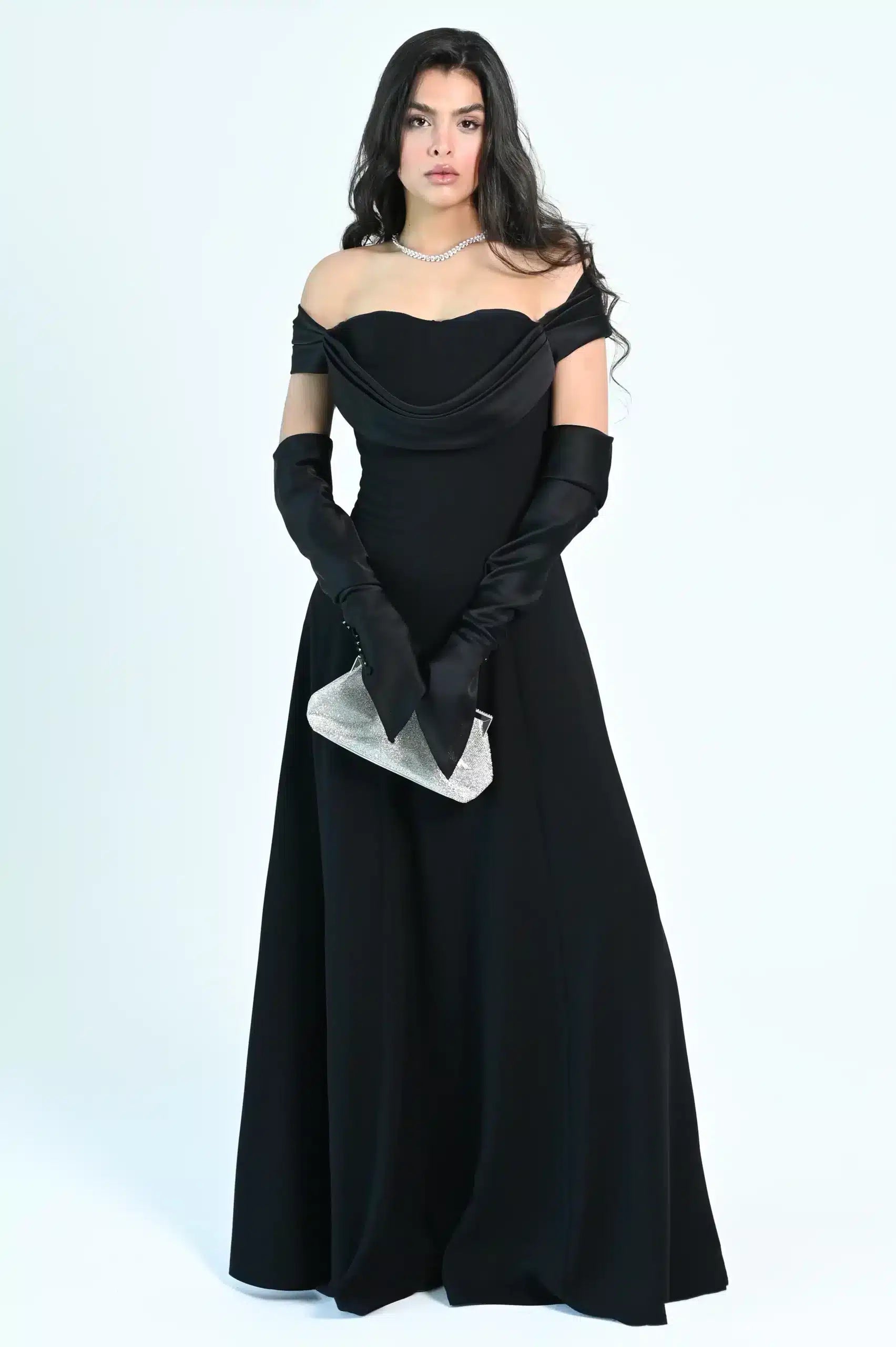 Draped Off Shoulder Crepe Dress