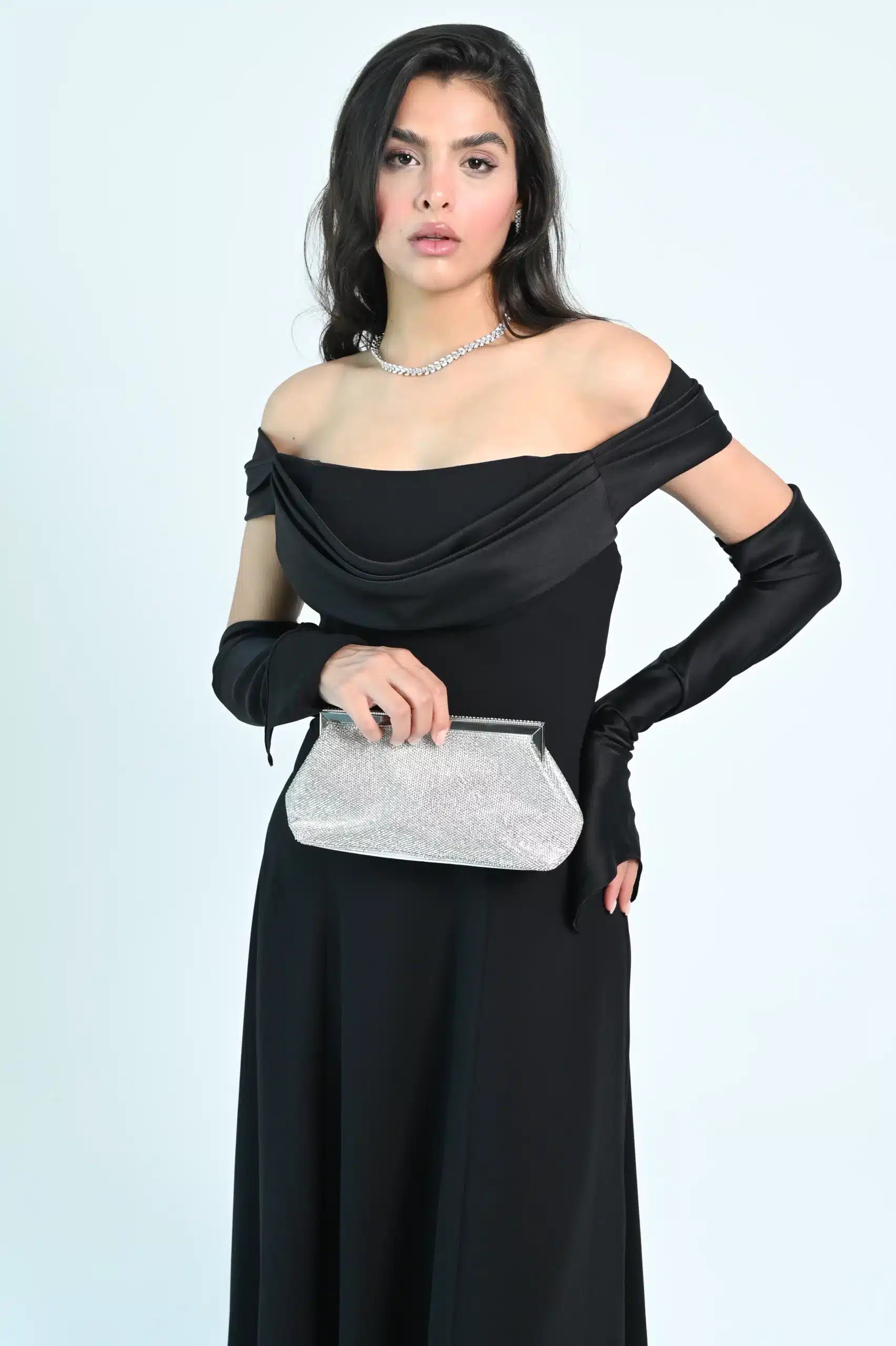 Draped Off Shoulder Crepe Dress