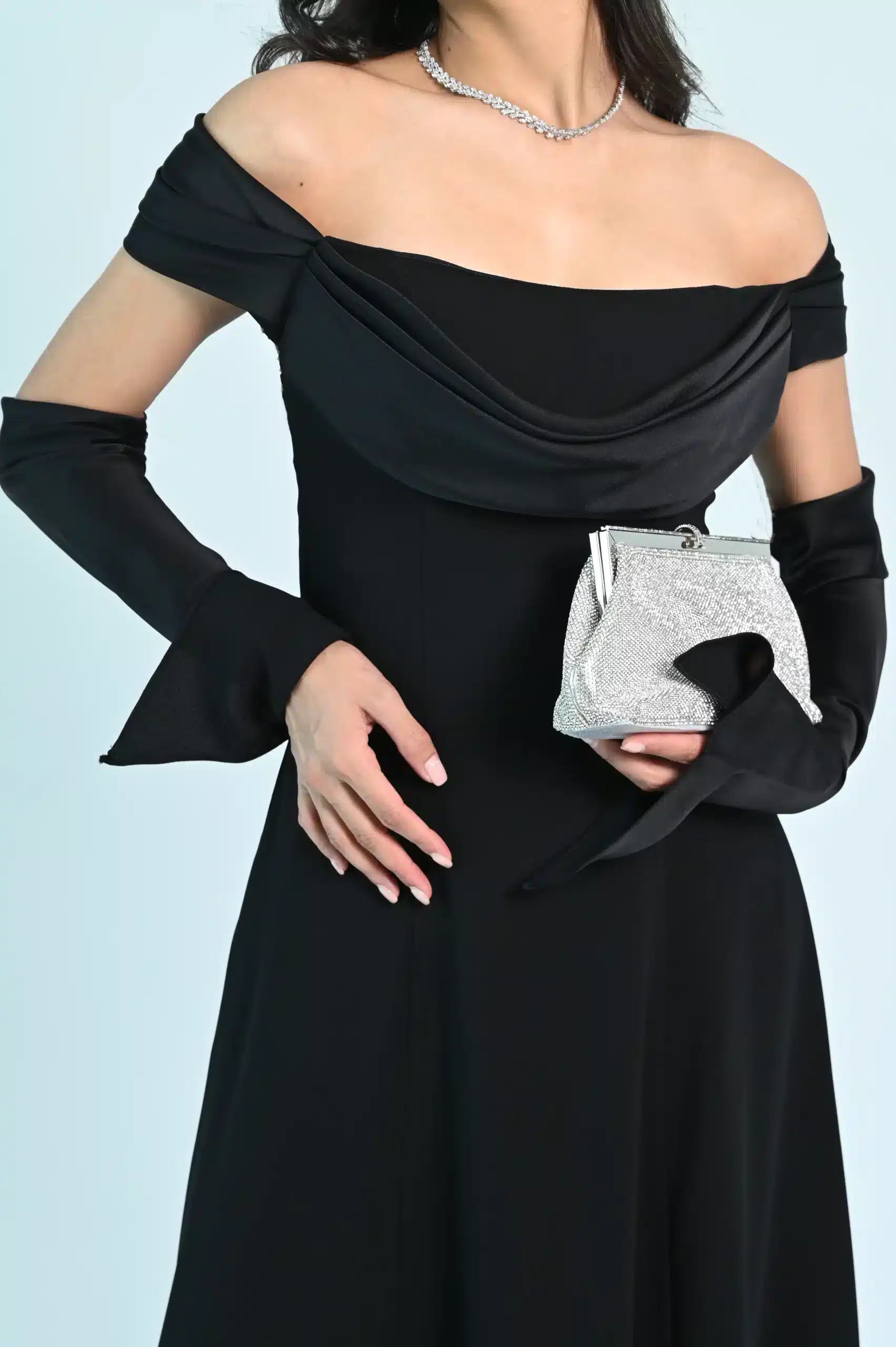 Draped Off Shoulder Crepe Dress
