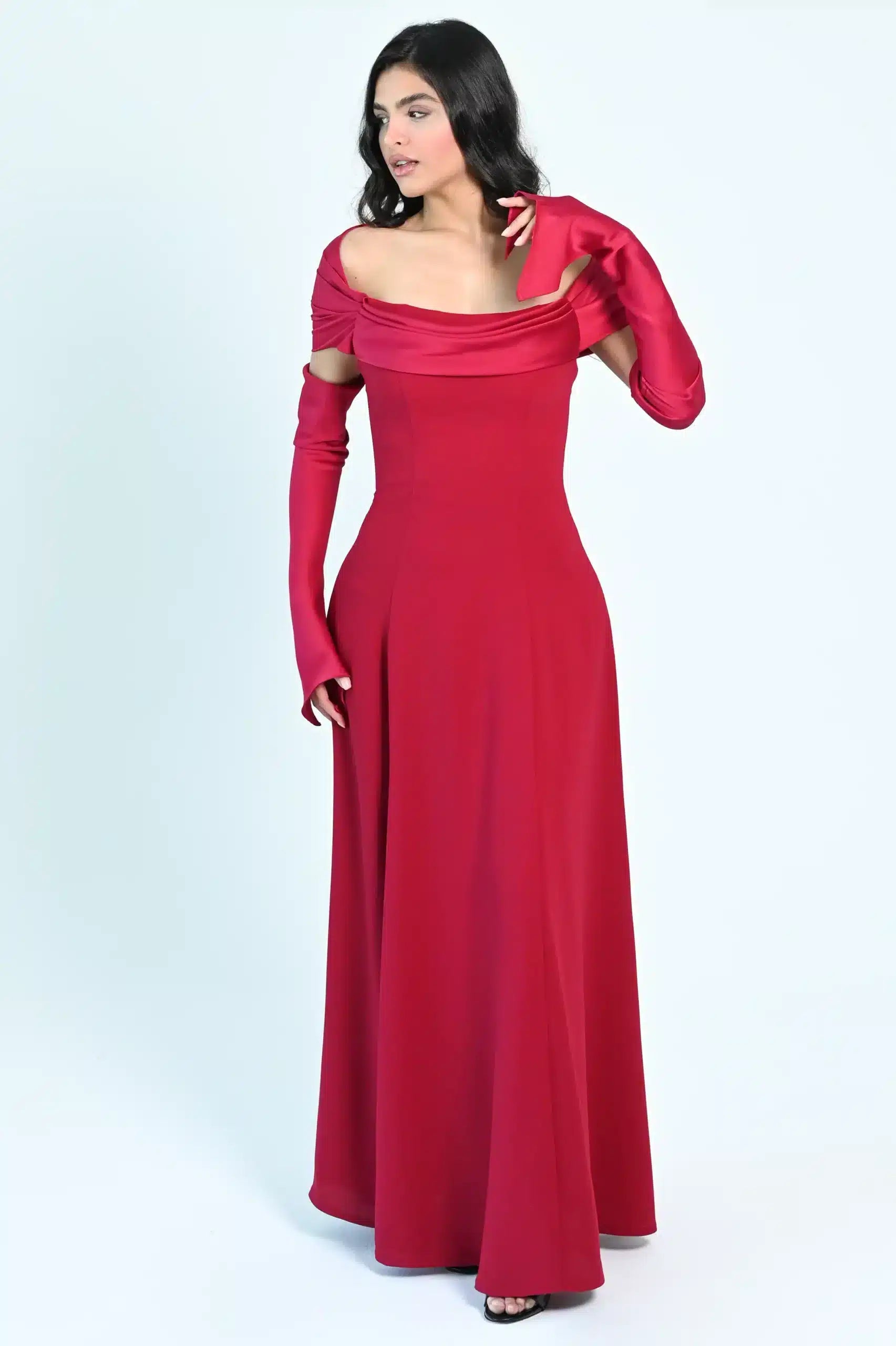 Draped Off Shoulder Crepe Dress