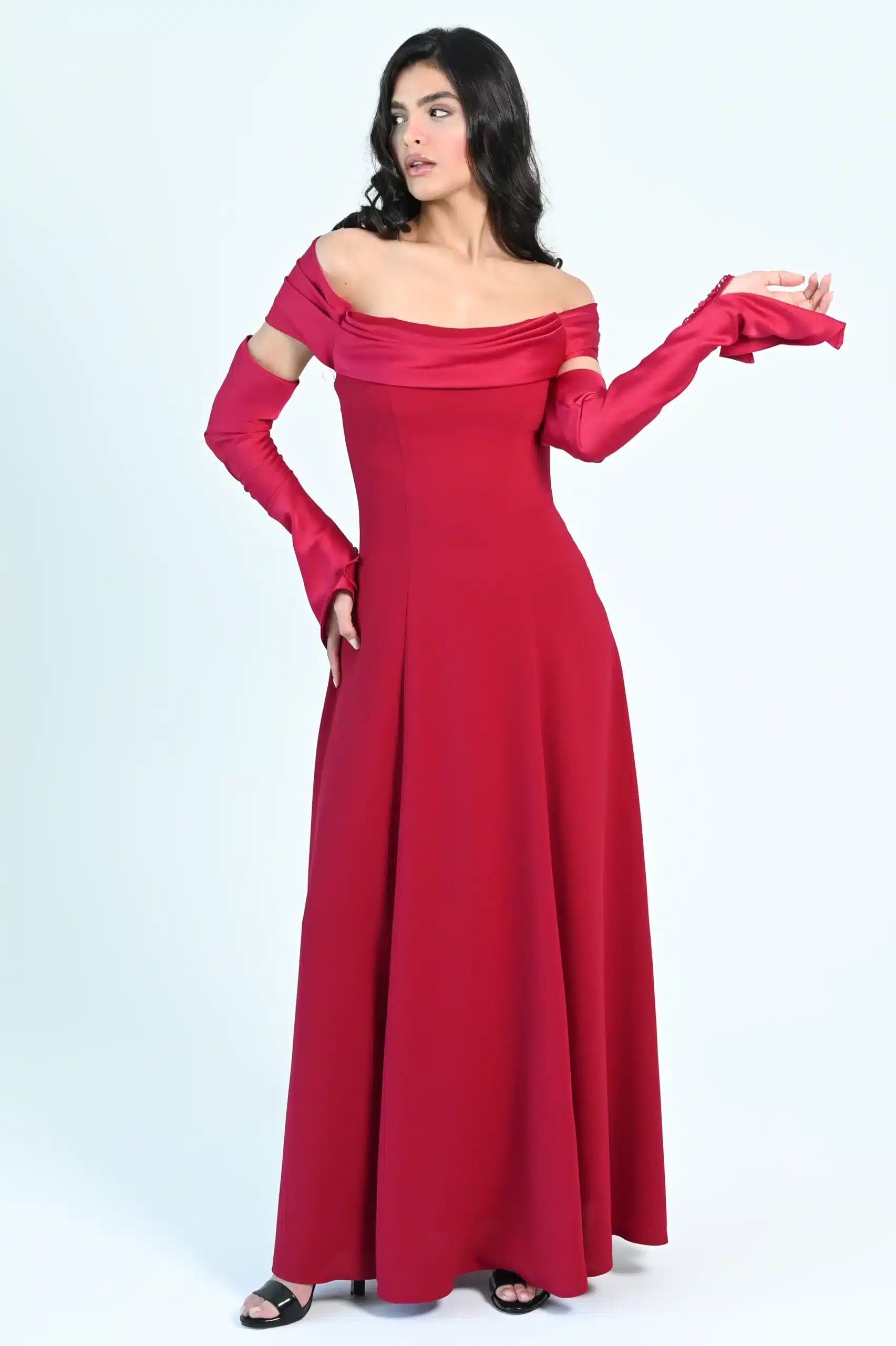 Draped Off Shoulder Crepe Dress