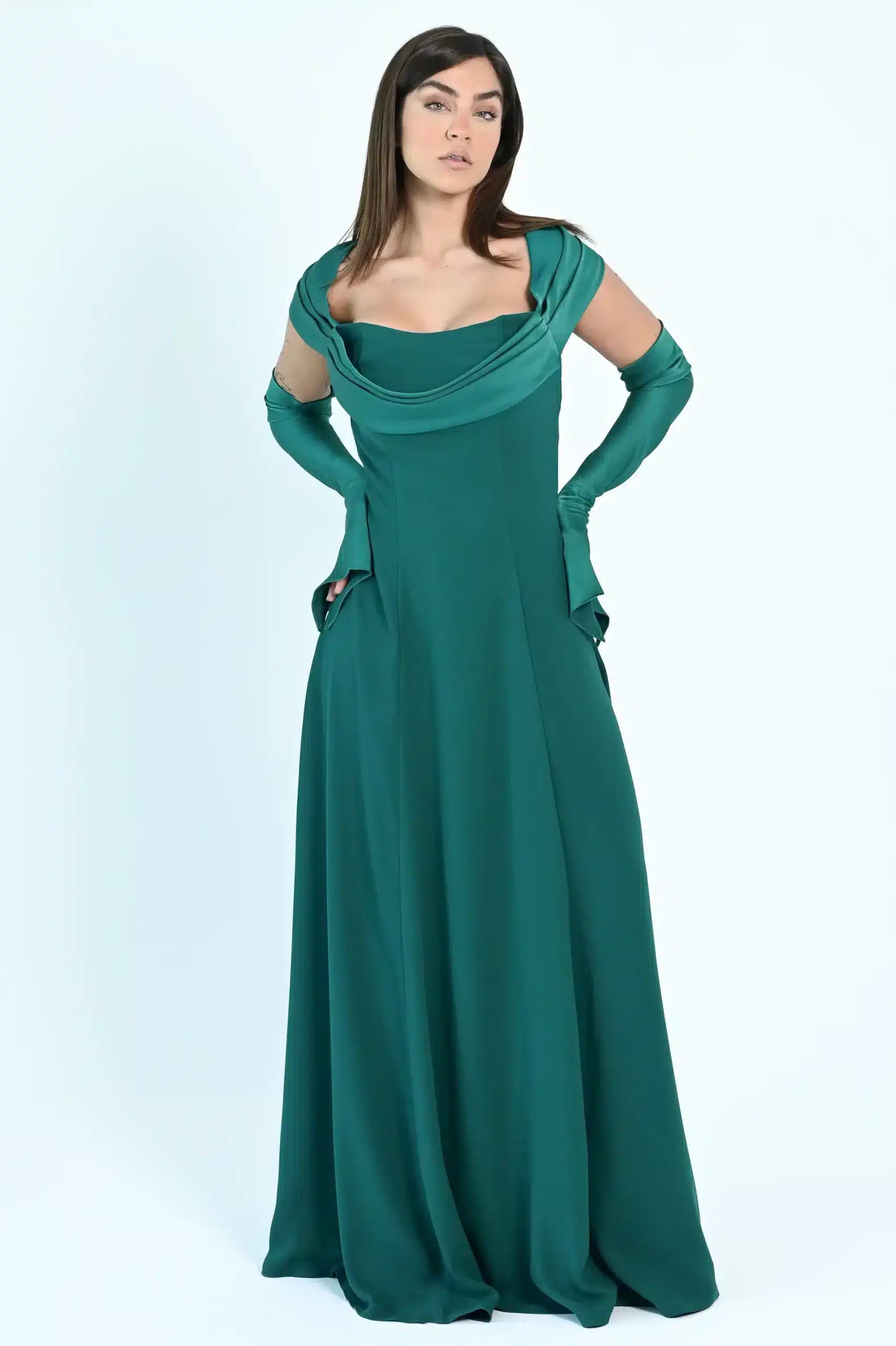 Draped Off Shoulder Crepe Dress